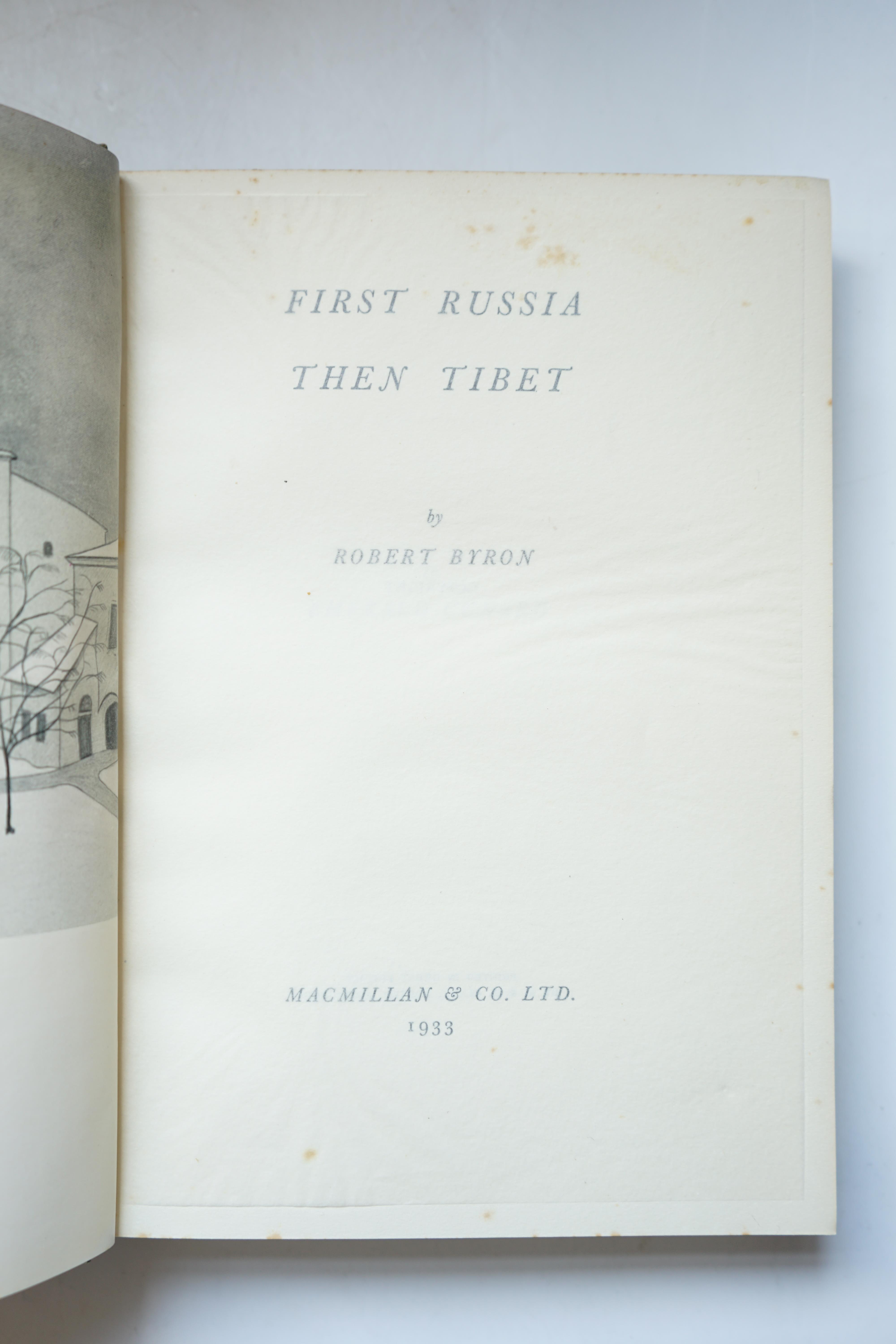 Byron, Robert - First Russia Then Tibet, 8vo, original green cloth, colour frontispiece and black and white plates, Macmillan & Co. Ltd, London, 1933